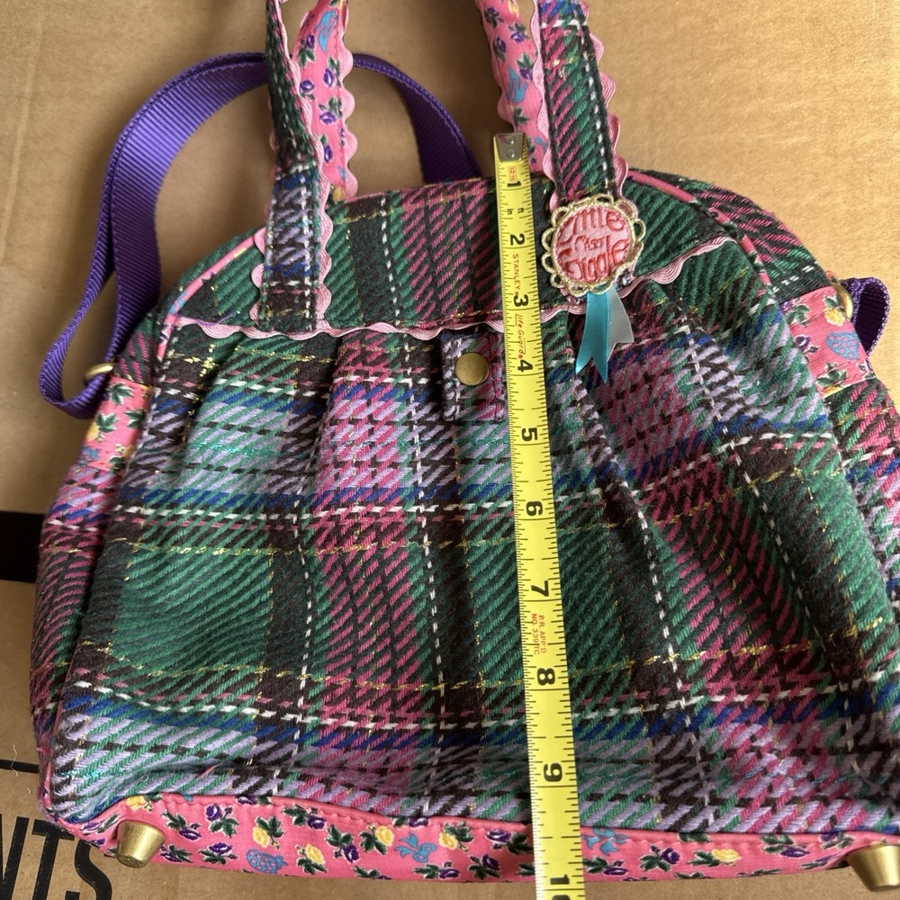 Oilily Pink Green Purple Plaid Floral Embroidered crossbody Satchel Purse - Picture 12 of 16